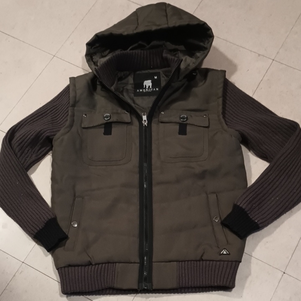 American Stitch Olive and Brown Hooded Puffer Jacket Men's Size M Secret Pocket